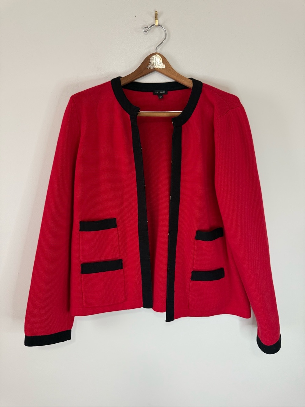 Talbots Red & Black Trim heavy weight Women's Collarless cardigan size XL